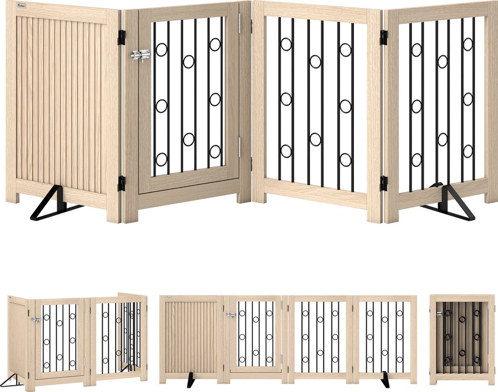 PawHut Poartă independentă pentru animale de companie, poartă pentru câini cu ușă, 4 panouri, pentru hol, scară, intrare, MDF, oțel | Aosom Romania