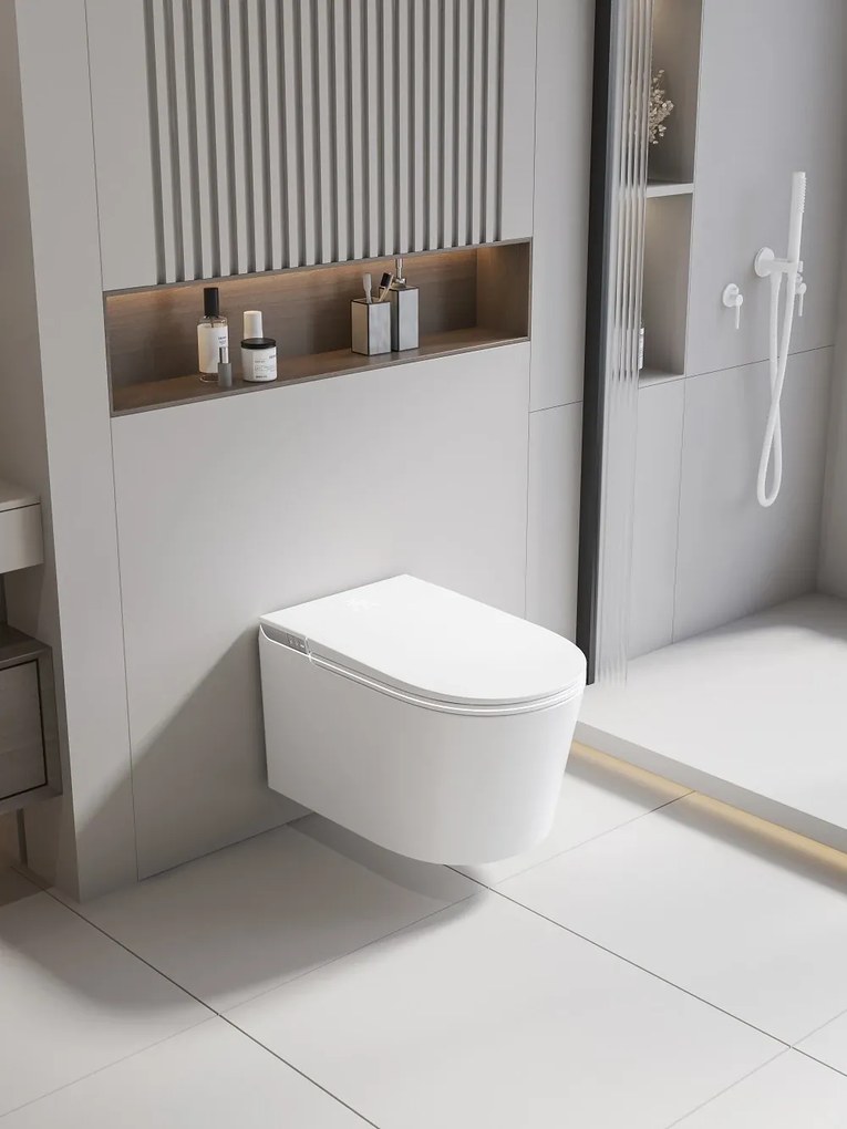 Smart WC 301 – Vas de Toaletă Inteligent cu Bideu, Sterilizare UV, Deschidere/Închidere automată, Senzor picior, Control inteligent al Temperaturii, Uscare aer cald, Iluminare de noapte, Afișaj LED, Telecomandă, Ceramică, Alb