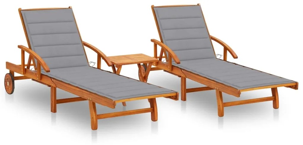 vidaXL Șezlonguri, 2 buc., cu masă și perne, lemn masiv de acacia