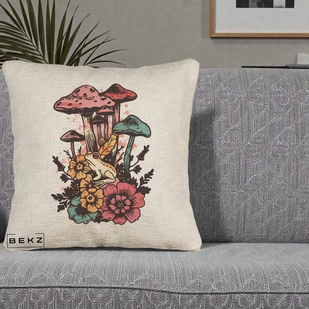 Perna Decorativa Ciuperci si Broaste Boho, 40x40 cm, Bej Canapea, Husa Detasabila, Perna Inclusa, BEKZ®