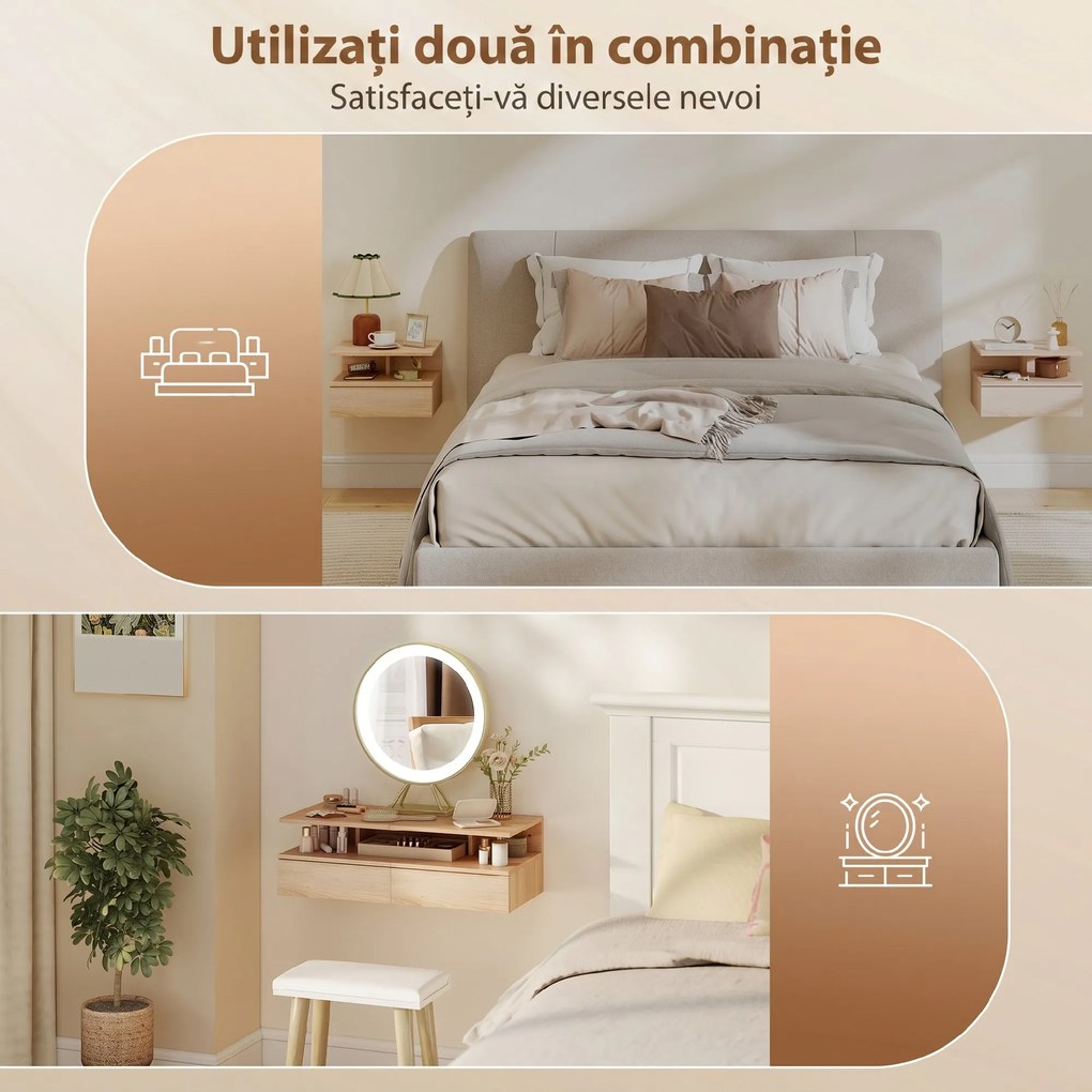 HOMCOM Set de 2 Noptiere Moderne Suspendate pentru Dormitor cu Sertar si Blat  din Lemn 35x32x22.5cm, Stejar | Aosom Romania