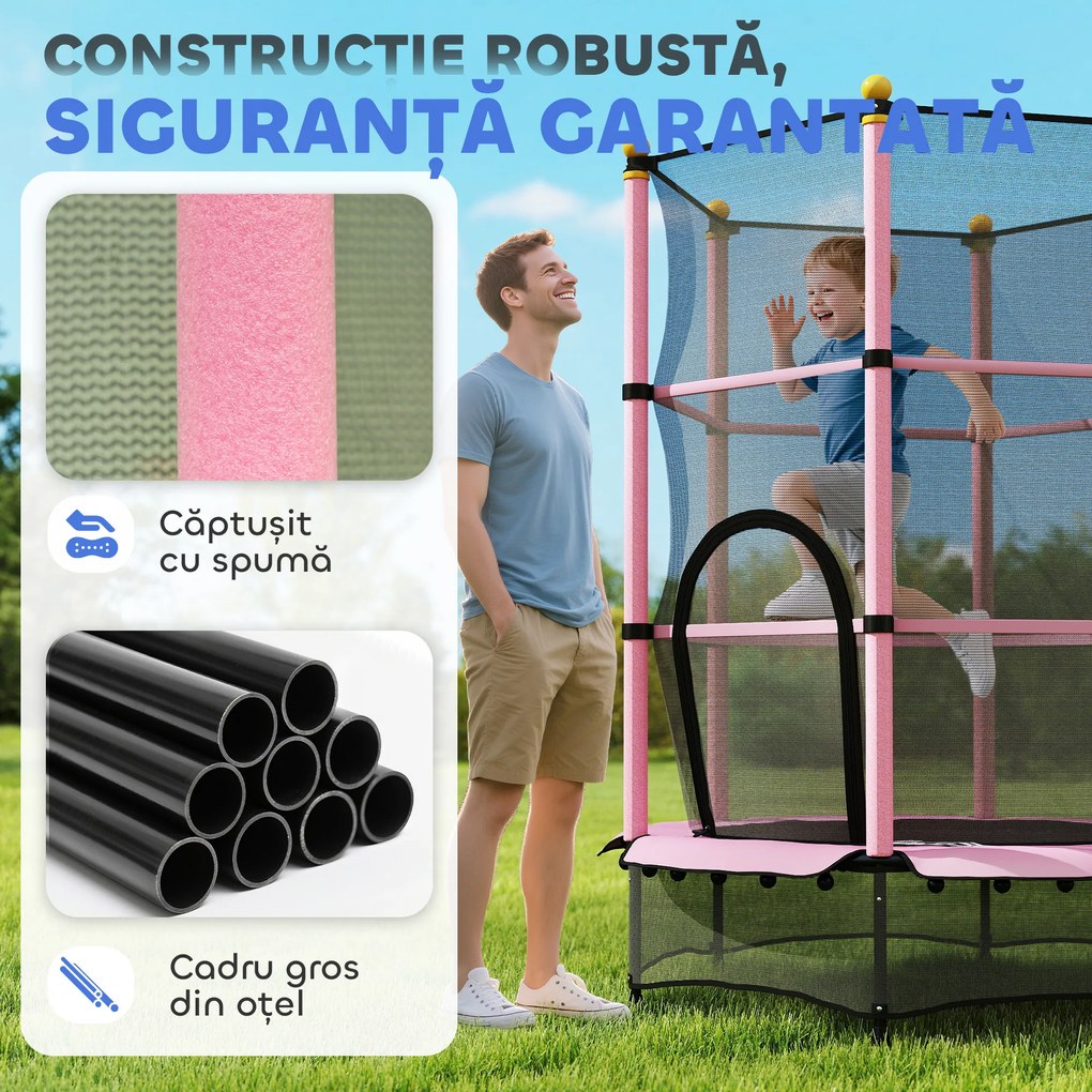 HOMCOM Trambolină Elastică pentru Copii 3-10 Ani cu Plasă de Siguranță și Țevi Capitonate, Ø140x190 cm, Roz | Aosom Romania