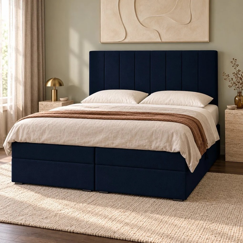 Pat boxspring din catifea Novella cu ladă 140×200 cm, bleumarin