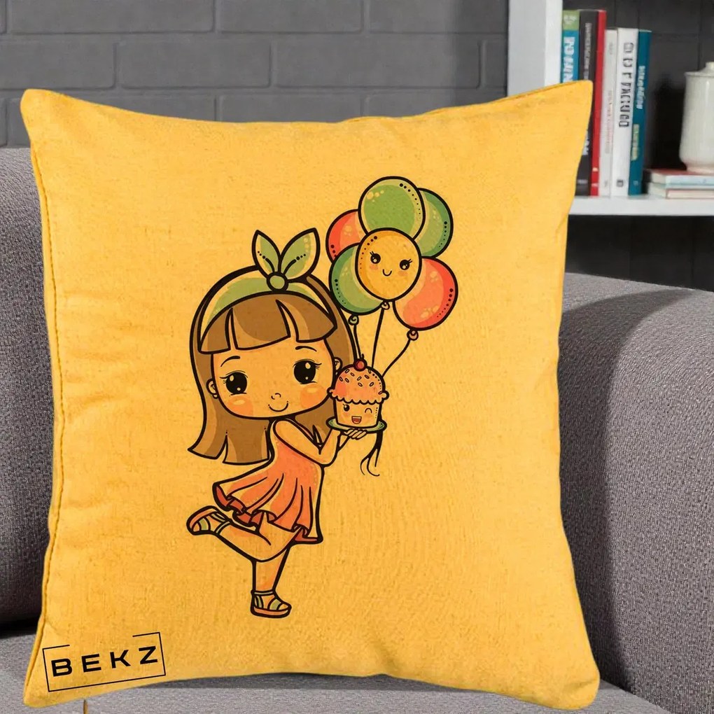 Perna Decorativa Fetita Kawaii cu Baloane si Cupcake, 40x40 cm, Galben, Husa Detasabila, Perna Inclusa, BEKZ®