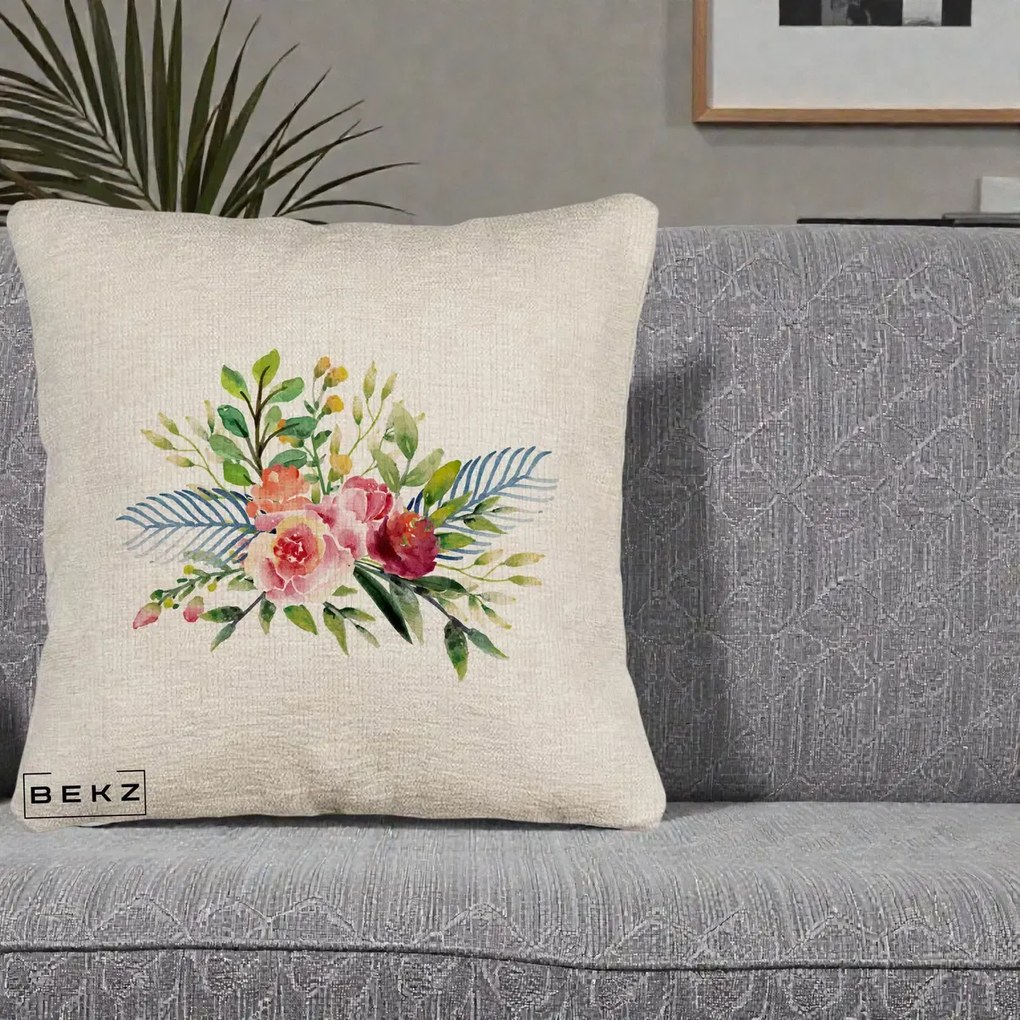Perna Decorativa Buchet Flori Acuarela Roz-Verde, 40x40 cm, Bej Canapea, Husa Detasabila, Perna Inclusa, BEKZ®
