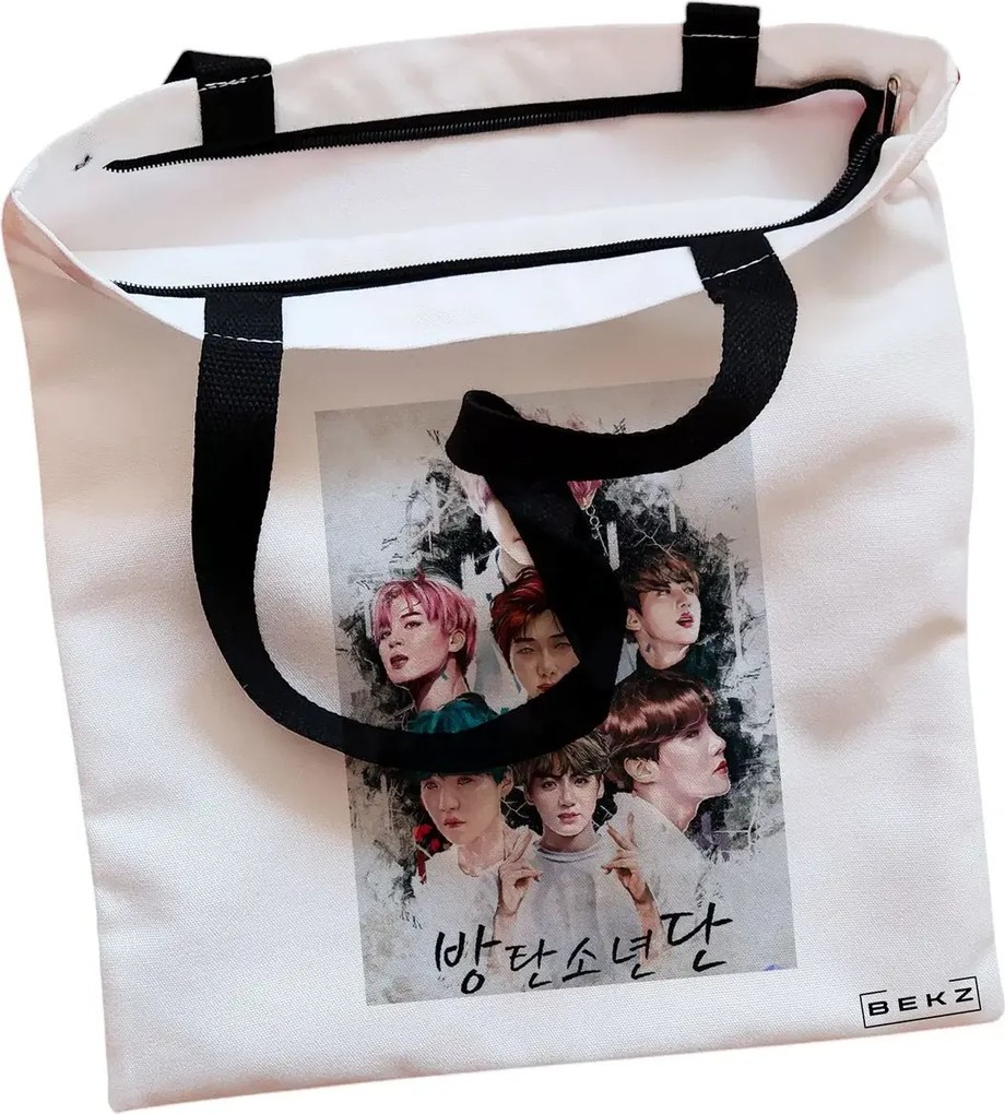 Sacosa de Panza pentru Cumparaturi, Geanta Tote, model BTS Army 3, Cu fermoar, 38x34.5 cm, Alba, BEKZ®
