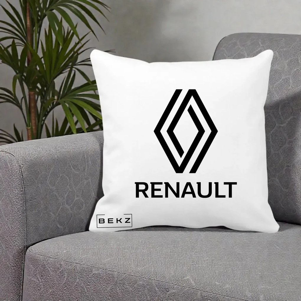 Perna Personalizata cu emblema Renault, 40x40 cm, Alba Mata, Husa Detasabila, Perna Inclusa, BEKZ®