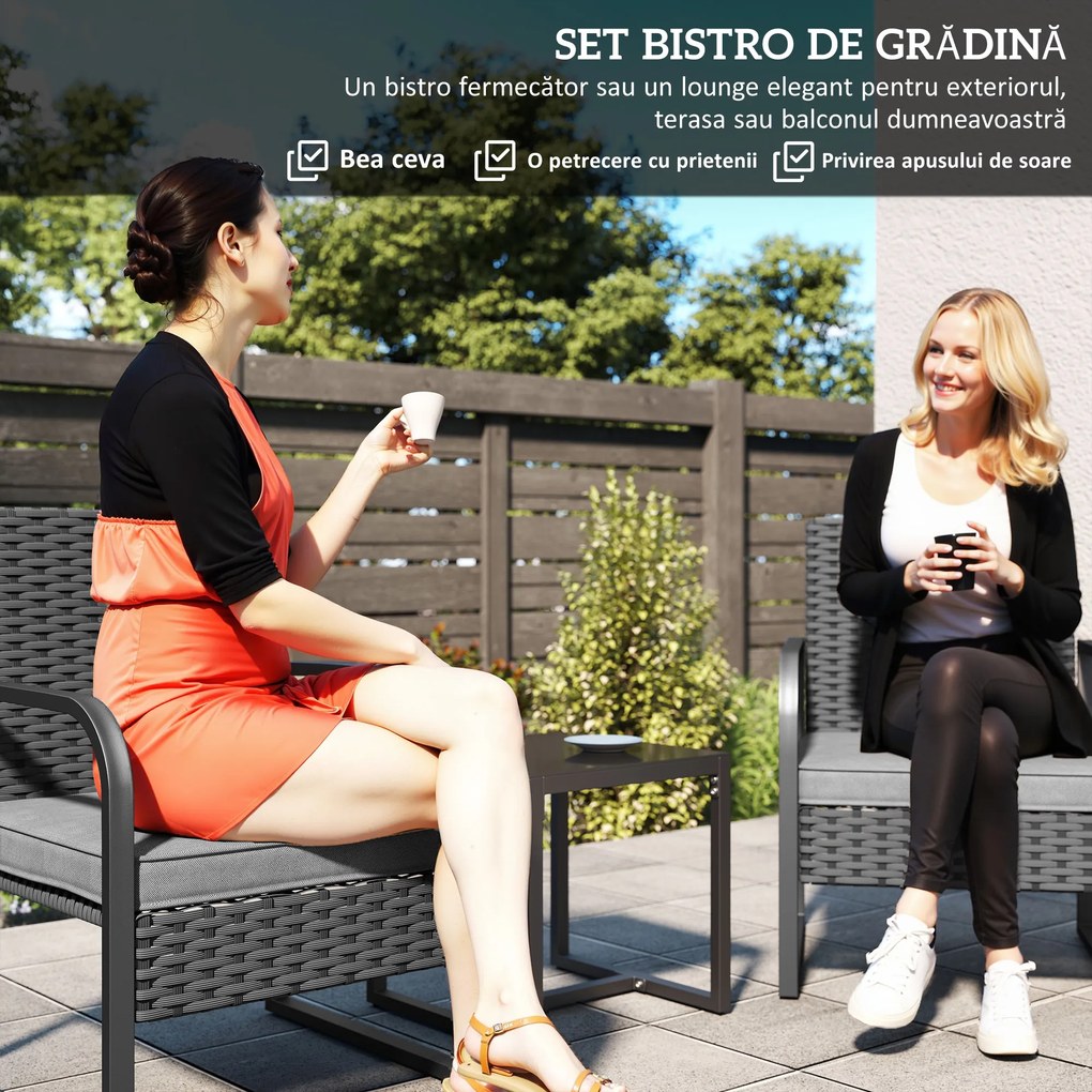 Outsunny Set de Grădină 3 Piese din Rattan PE și Oțel, Set cu 2 Fotolii cu Perne Lavabile și Măsuță de Cafea cu Blat din Sticlă, Set de Mobilier pentru Balcon, Terasă sau Curte, Gri Închis și Negru | Aosom Romania