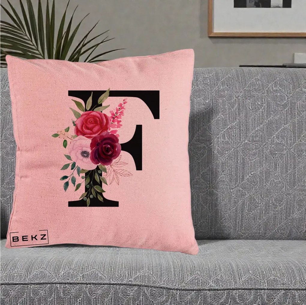 Cadou Personalizat - Perna Personalizata Monograma Florala Litera F, 40x40 cm, Roz, Husa Detasabila, Perna Inclusa, BEKZ®