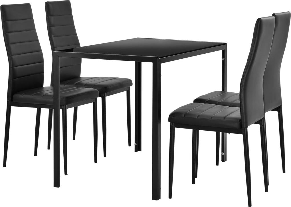 [en.casa]® Set design masa de bucatarie/salon Hamburg, en.casa, 105 x 60 cm, 4 scaune, otel, sticla, imitatie piele, negru
