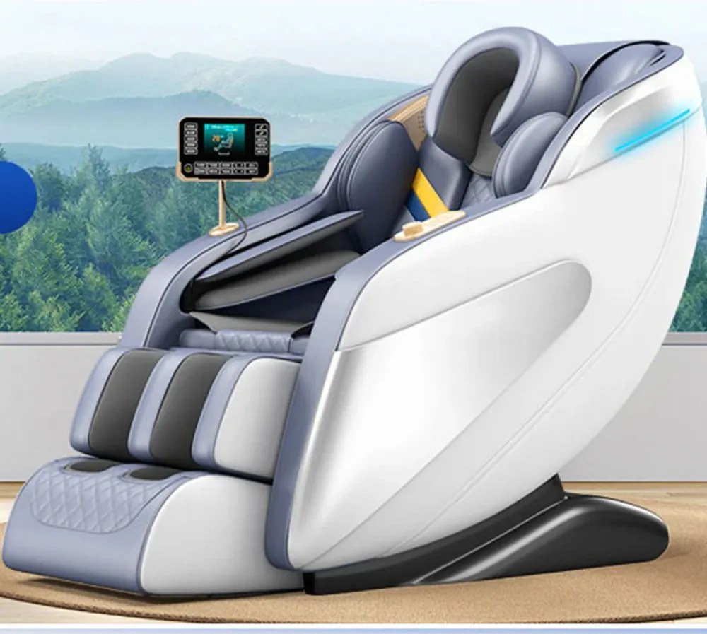 Fotoliu de masaj LUCIUS, cu Incalzire, Bluetooth, Display, Ecran tactil, Controler rapid cotiera, dispozitiv incarcare USB, Zero Gravity, 2 Boxe, Moduri Automate, Suport Picioare extensibil, Piele PU Premium, Alb