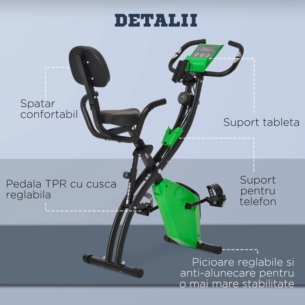 Bicicleta Pliabila 2 în 1, Rezistenta 8 Nivele Elastice pentru Brate si Ecran LCD, 97x51x115cm, Verde HOMCOM | Aosom RO