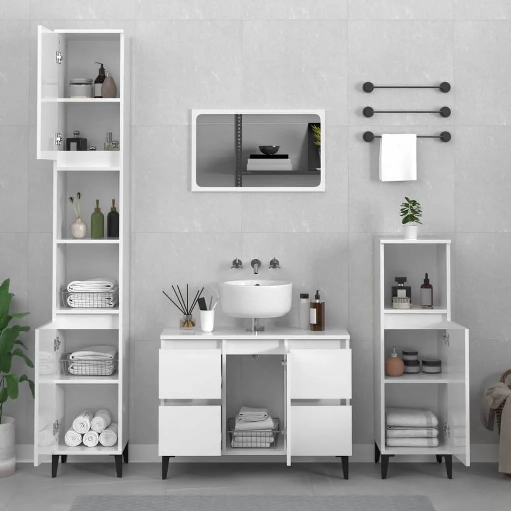 3185607 vidaXL Set mobilier de baie, 3 piese, alb extralucios, lemn compozit