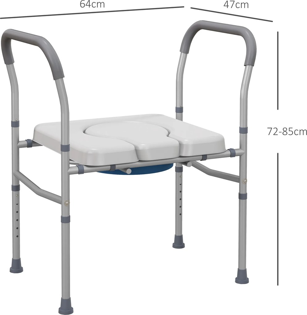 HOMCOM Scaun cu Vas de Toaletă pentru Vârstnici, Scaun de Toaletă Multifuncțional 4-În-1 cu Înălțime Reglabilă, 64x53x70-82 cm, Gri | Aosom Romania