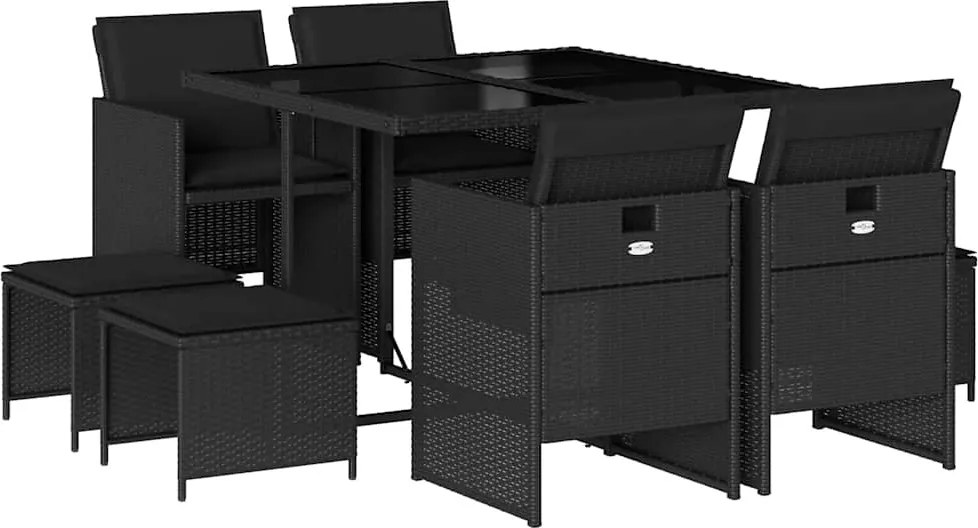 vidaXL Set mobilier de grădină cu perne, 9 piese, negru, poliratan