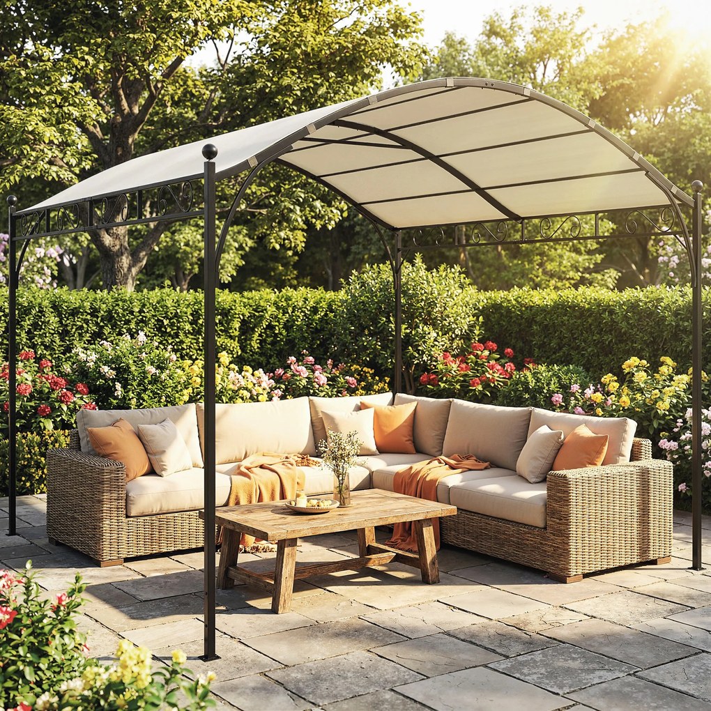 Outsunny Pergolă 3x3m cu Acoperiș Arcuit, Gazebo din Metal și Poliester 180g/m² cu Șuruburi, pentru Exterior, Terasă și Grădină, Protecție UV30+, Alb Crem | Aosom Romania