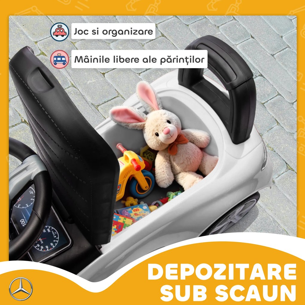 Mașinuță Electrică AIYAPLAY pentru Copii Licență Mercedes Benz cu Claxon și Spațiu de Depozitare, 65x28x39 cm, Alb | Aosom Romania