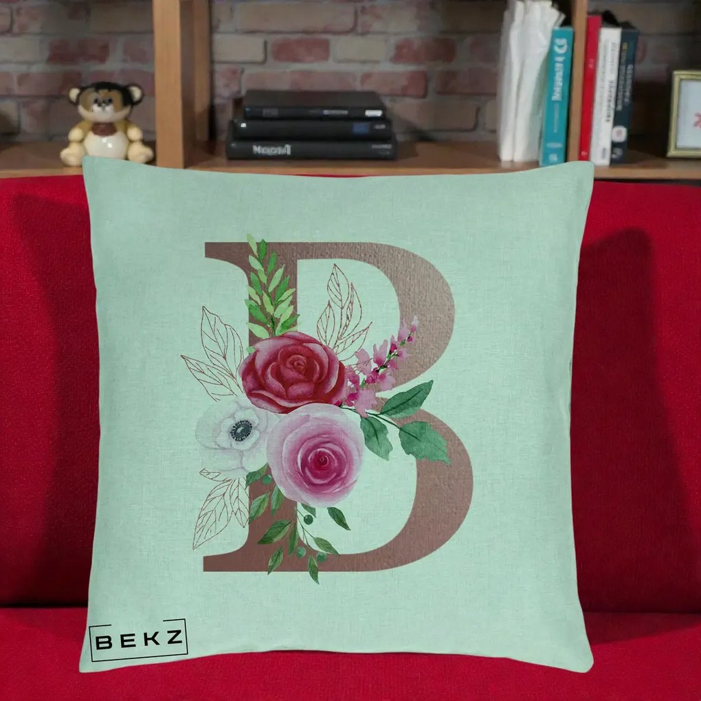 Cadou Personalizat - Perna Personalizata Monograma Rose Gold Litera B, 40x40 cm, Verde Menta, Husa Detasabila, Perna Inclusa, BEKZ®