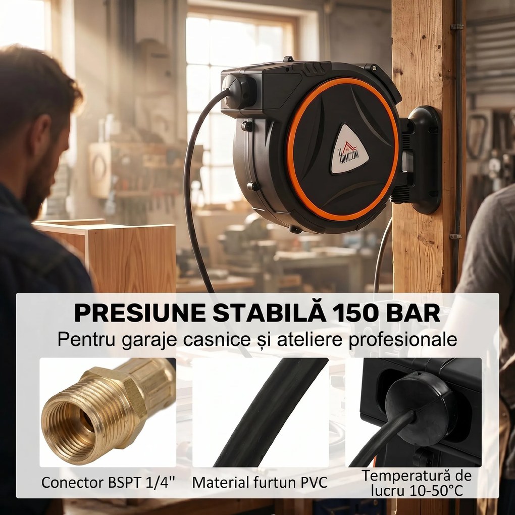 HOMCOM Tambur Automat Retractabil pentru Furtun 20 m, Montare pe Perete, Pivotant 180°, Negru și Portocaliu | Aosom Romania