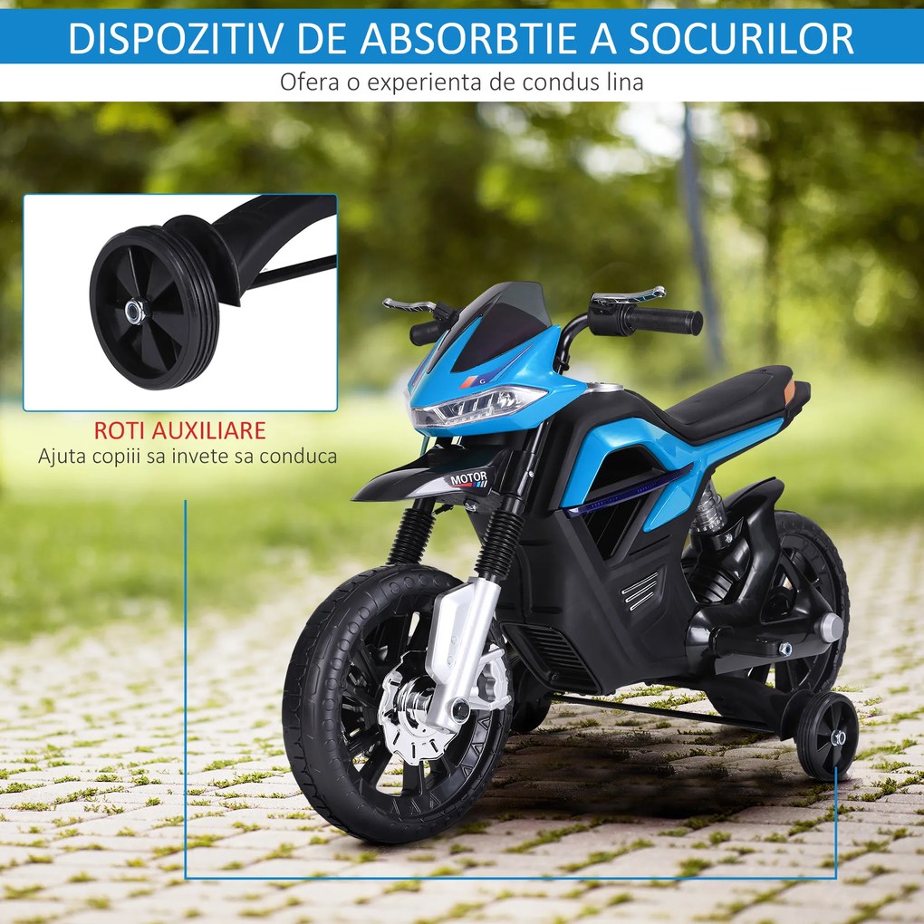 HOMCOM Motocicleta Electrică Copii cu Suspensie Dublă și Muzică și Lumini pentru Copii de la 3 la 8 ani Albastru Deschis | Aosom Romania