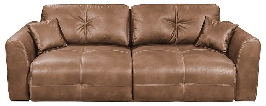 Canapea extensibila Freya, 3 locuri, tapitat piele ecologica, culoare maro, lada depozitarea, sezut cu arcuri Bonell