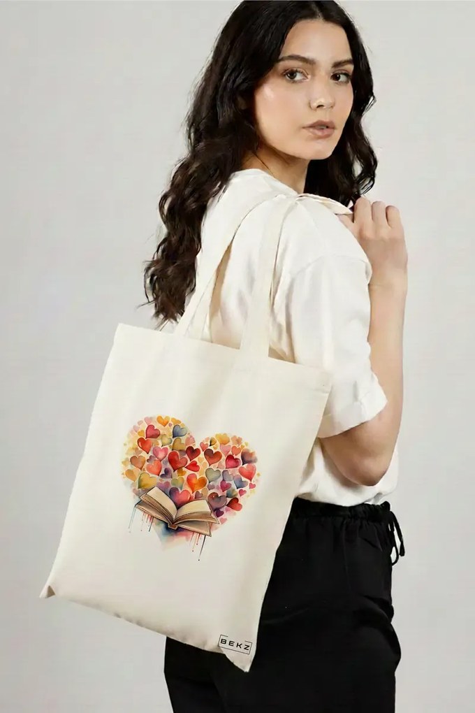 Sacosa de Panza pentru Cumparaturi, Geanta Tote, model Books and hearts 38 x 34.5 cm, Alba, BEKZ®