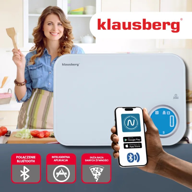 Cântar de bucătărie inteligent pentru măsurarea caloriilor Klausberg KB 7938, 5 kg, Bluetooth, aplicație mobilă, ecran LCD, funcție TARE, 4 afișaje, lichide, indicatoare, alb/albastru