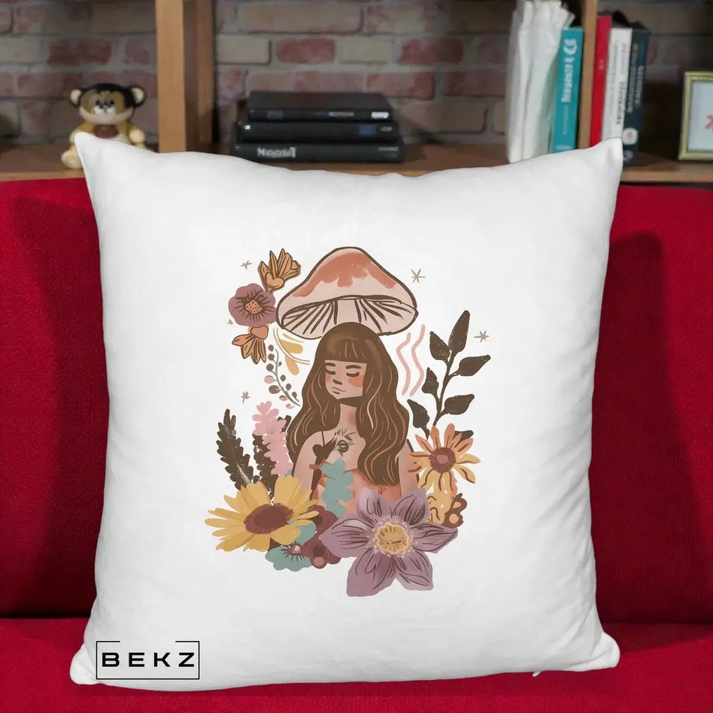 Perna Decorativa Fata Ciuperca Boho Florala, 40x40 cm, Alb Pufos, Husa Detasabila, Perna Inclusa, BEKZ®