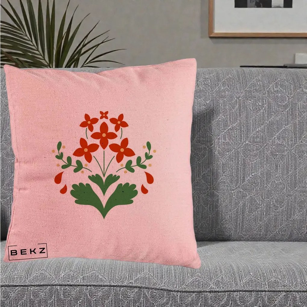 Perna Decorativa Buchet Floral Folk Rosu-Verde, 40x40 cm, Roz, Husa Detasabila, Perna Inclusa, BEKZ®