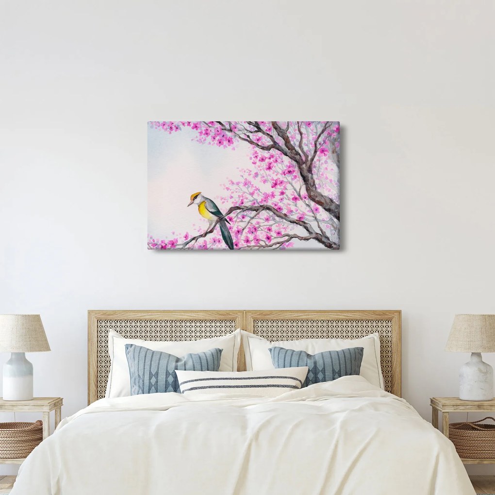 Tablou - Pasăre pe un copac cu flori roz (90x60 cm)