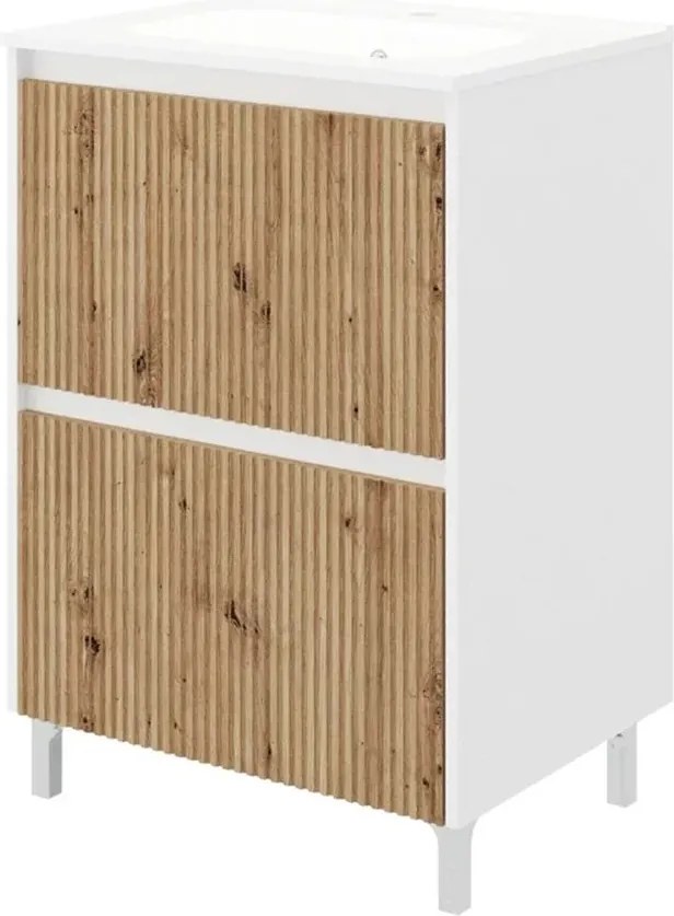 Set dulap baza stejar mat si lavoar Savini Due Creta 60 cm