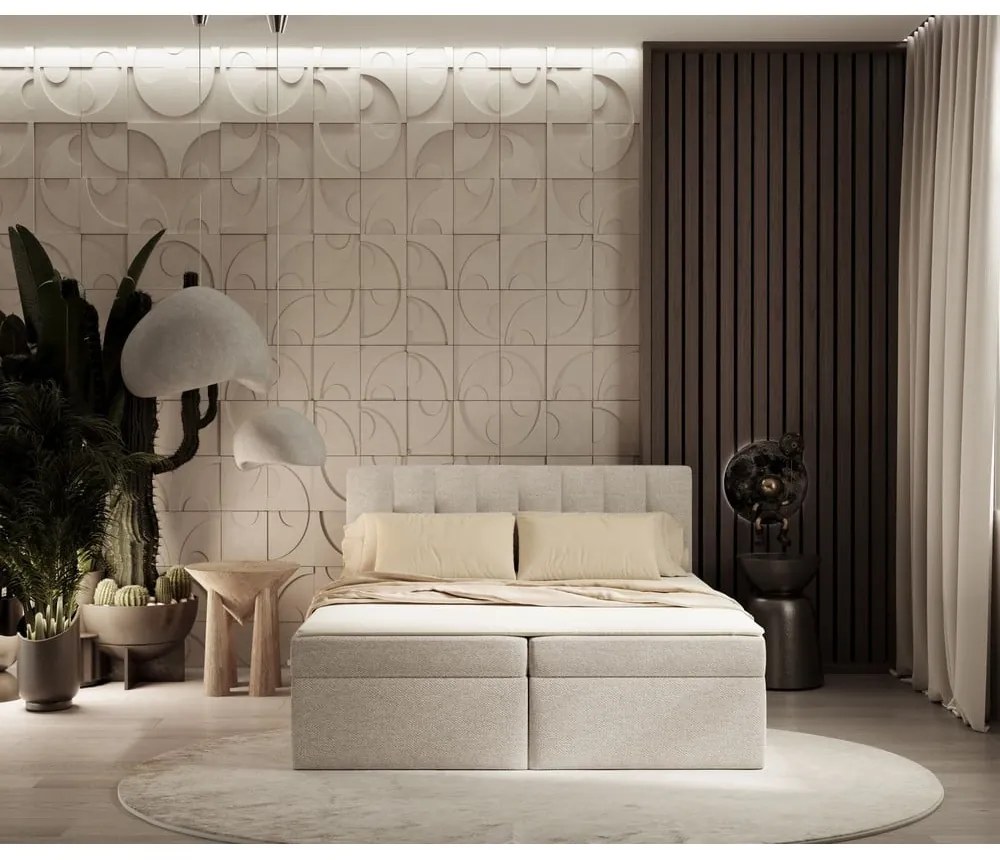 Pat boxspring bej cu spațiu de depozitare 140x200 cm Novento – Maison de Rêve