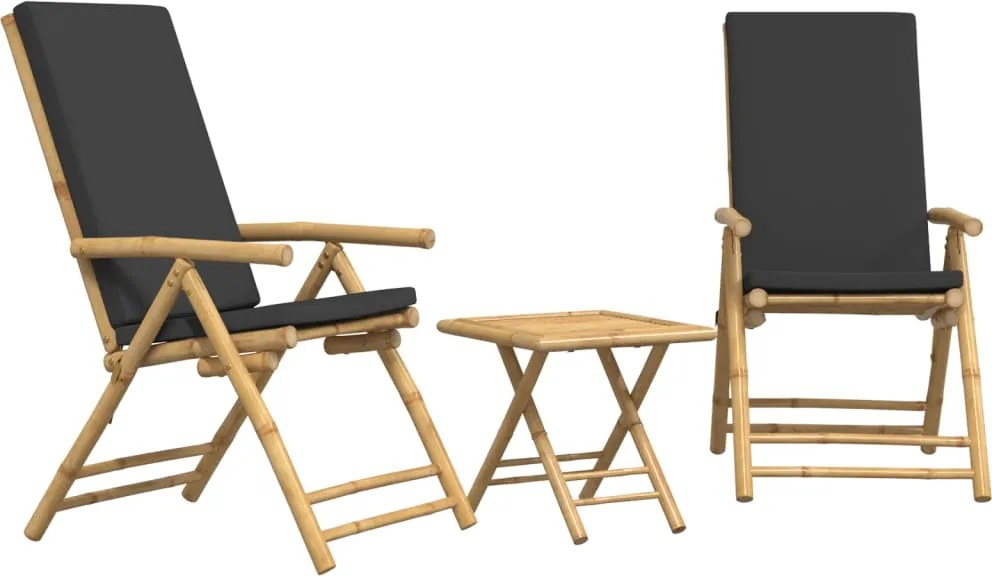 vidaXL Set de bistro pliabil, 3 piese, cu perne gri închis, bambus