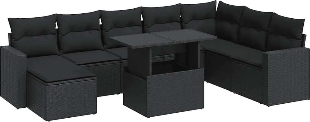 vidaXL Set mobilier de grădină cu perne, 9 piese, negru, poliratan