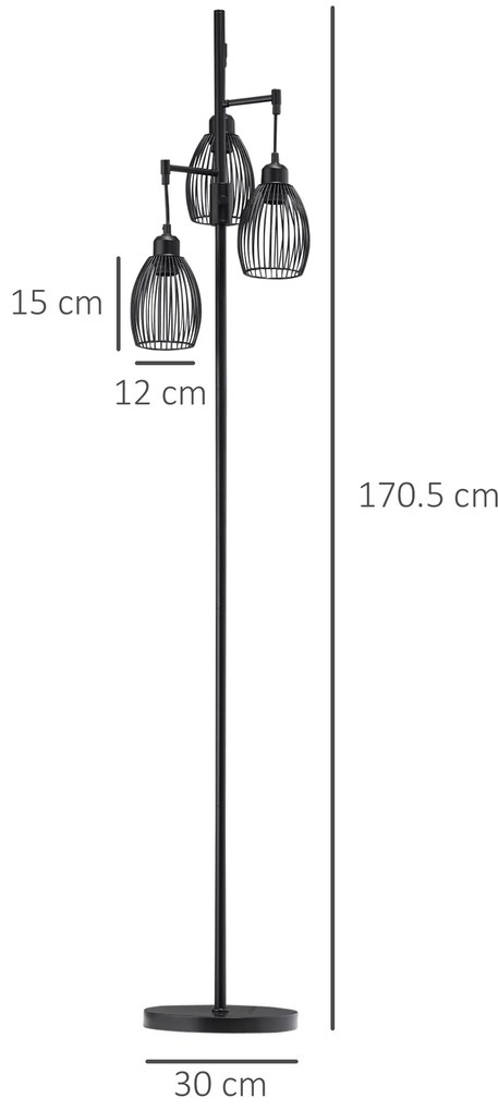HOMCOM Lampadar stil industrial 40 W max. 3 abajururi din metal cu sârmă cu luminozitate reglabila, suport E27, negru | Aosom Romania