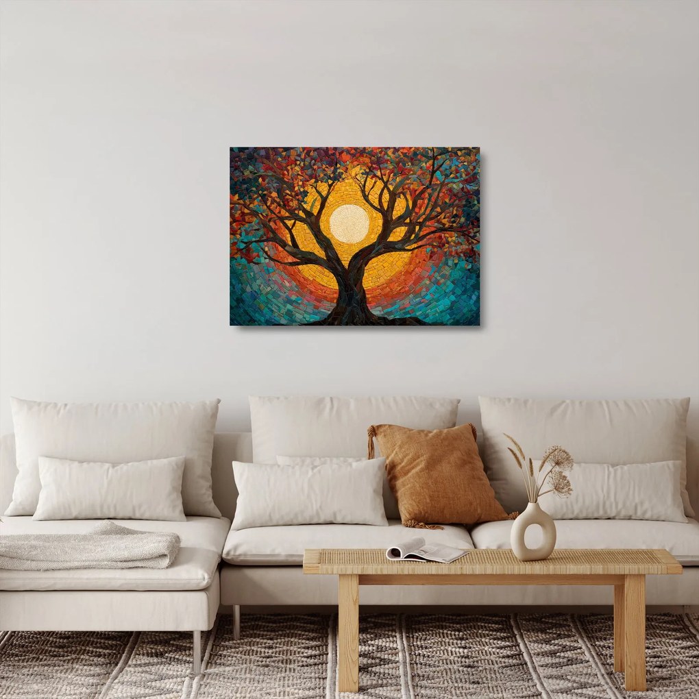 Tablou pe sticlă - Soarele în coroana arborelui vieții (70x50 cm)