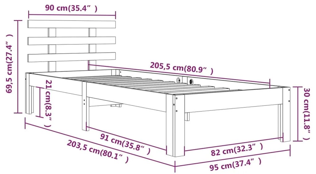 Cadru de pat, alb, 90x200 cm, lemn masiv de pin Alb, 90 x 200 cm