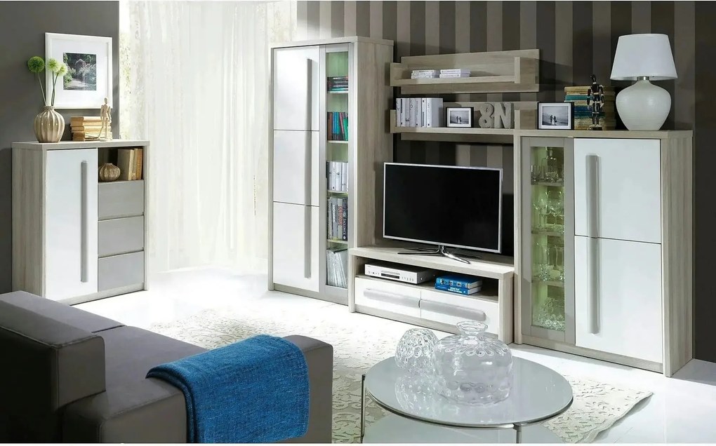 Mobilier living ROMA A + comoda ROMA 8, stejar ferrara/alb, PAL lamina