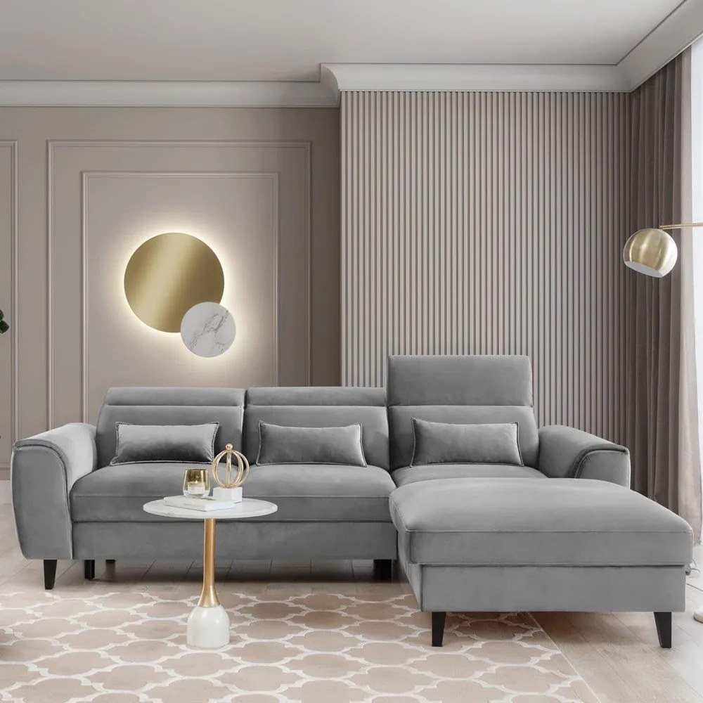 Colțar gri extensibil/cu spațiu de depozitare cu tapițerie din catifea (cu colț pe partea dreaptă/cu șezlong) Foble – ELTAP