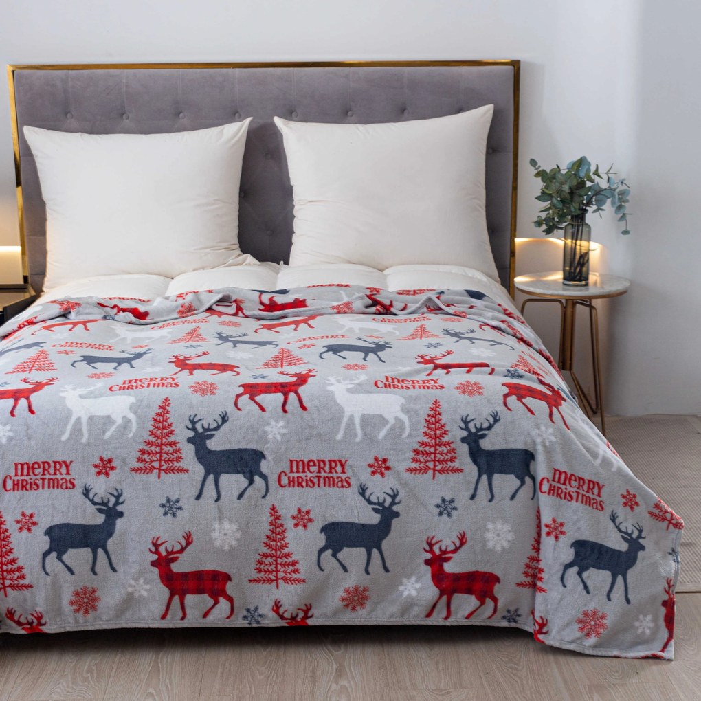 Patura de Craciun din microplus MERRY CHRISTMAS DEER gri Dimensiune: 160 x 200 cm