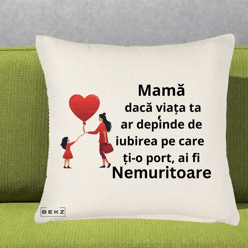 Cadou pentru Mama - Perna Personalizata Mama Nemuritoare cu Bebelus Kawaii, 40x40 cm, Crem Reliefat, Husa Detasabila, Perna Inclusa, BEKZ®