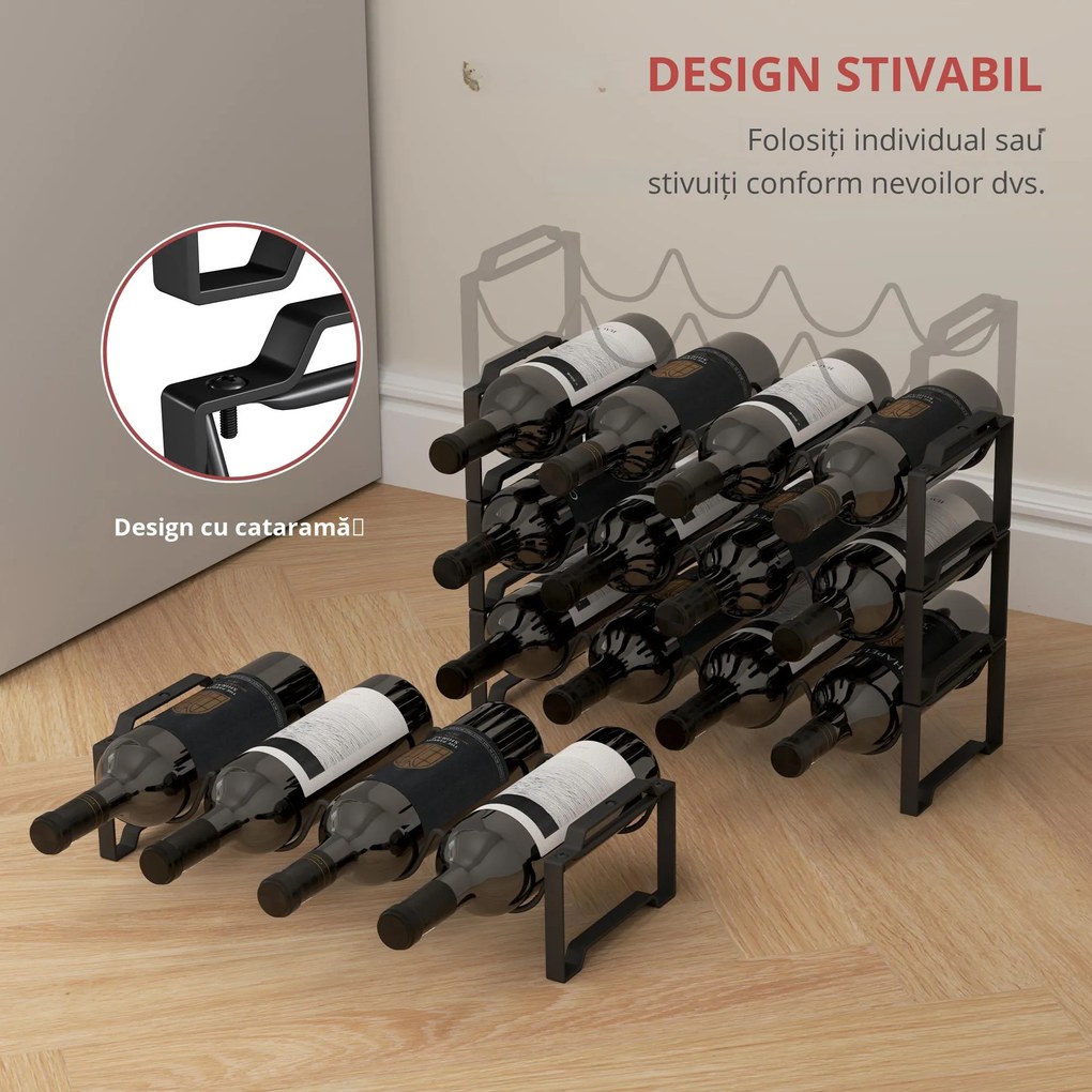 HOMCOM Suport pentru Sticle de Vin cu 4 Niveluri, 42,5x16,5x41 cm, Negru | Aosom Romania