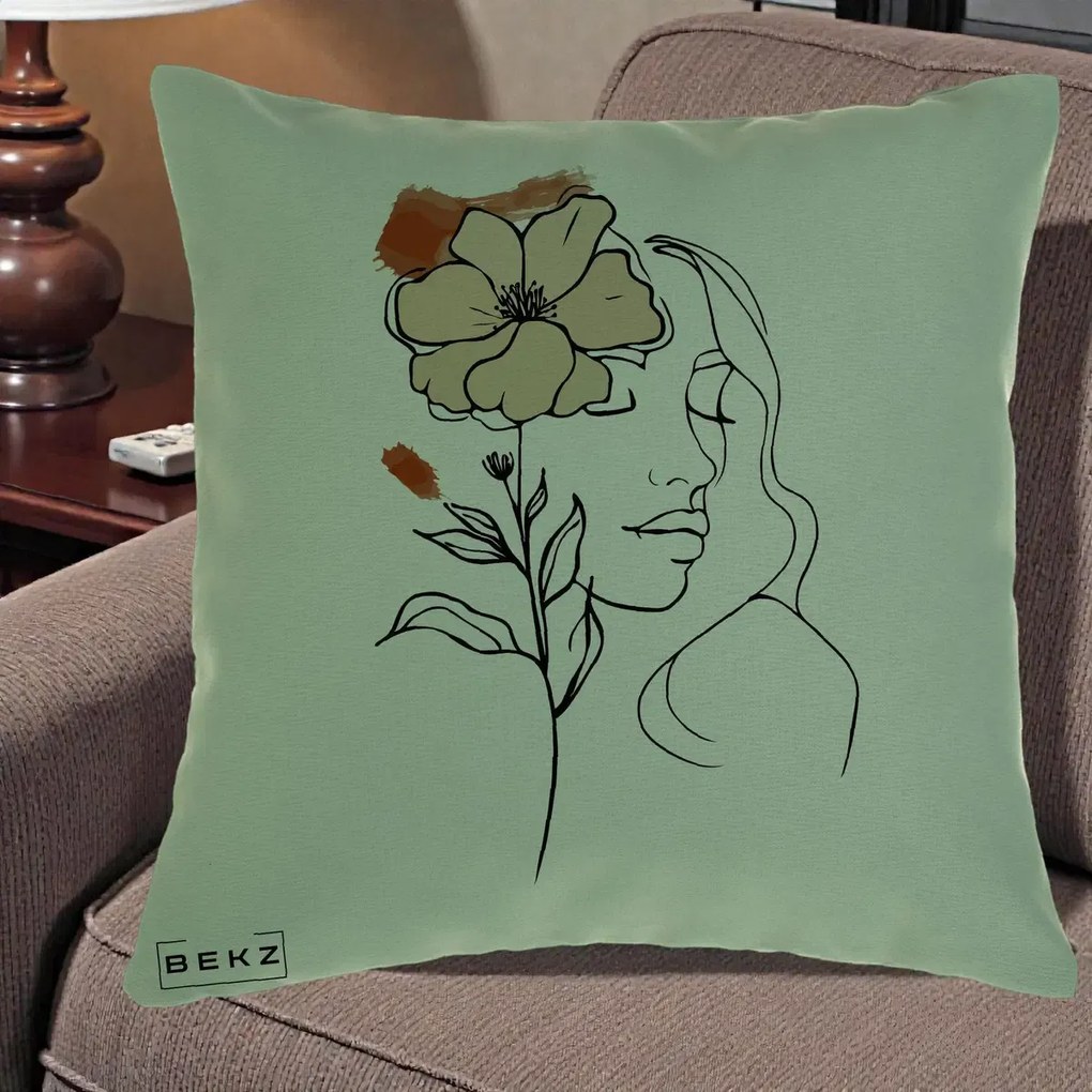 Perna Decorativa Portret Feminin Floare Bej Terracotta, 40x40 cm, Verde, Husa Detasabila, Perna Inclusa, BEKZ®