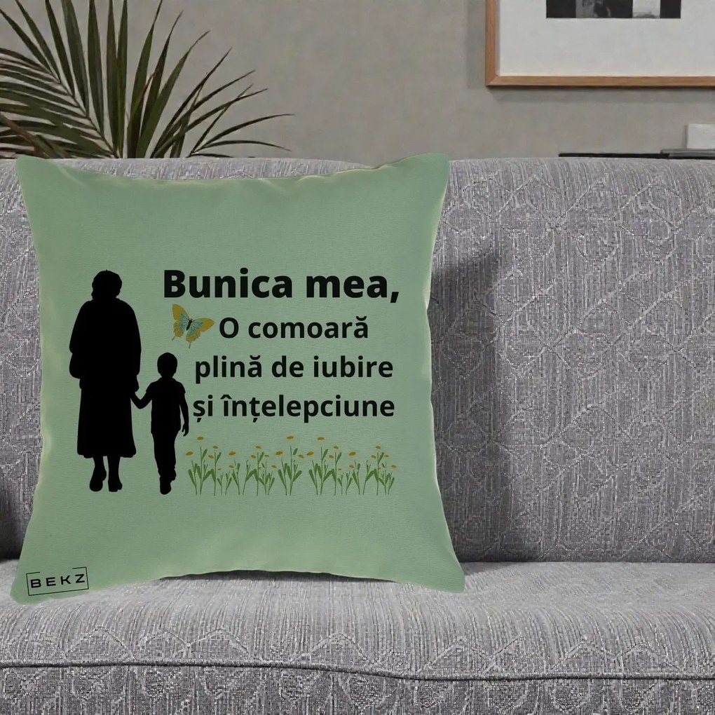 Cadou pentru Bunica - Perna Personalizata Bunica Mea Comoara cu Fluture si Baietel, 40x40 cm, Verde, Husa Detasabila, Perna Inclusa, BEKZ®