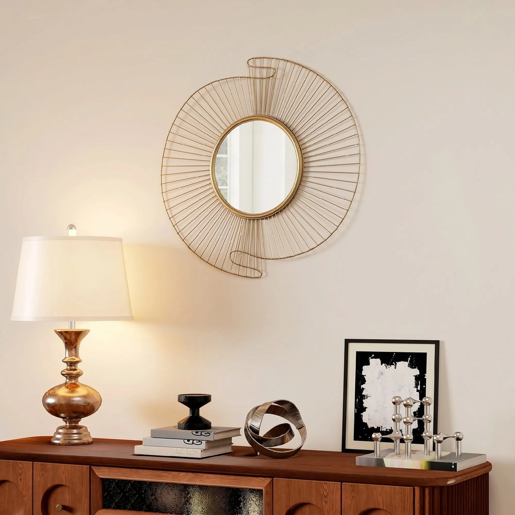 HOMCOM Oglindă Decorativă de Perete Rotundă, Design Modern cu Benzi Metalice și Ramă Plisată, Pentru Sufragerie, Dormitor și Hol, 60x60 cm, Auriu | Aosom Romania