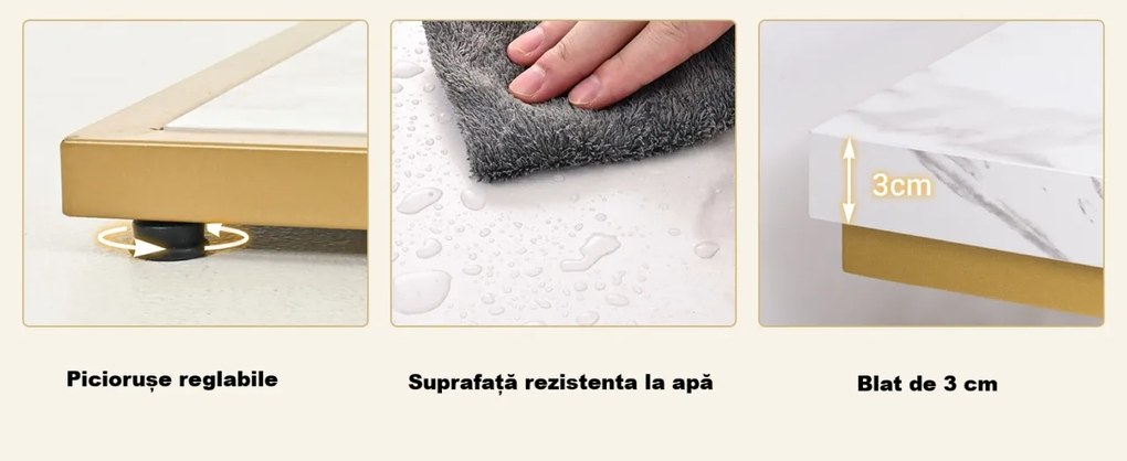 MAU43 - Masa Consola, 105 cm, masuta hol cu rafturi, living, dormitor - Auriu / Alb Imitatie de Marmura