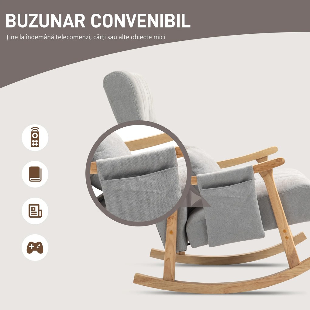 HOMCOM Fotoliu cu balansoar cu pernă lombară, șezut larg, ramă din lemn, până la 120 kg, Gri | Aosom Romania
