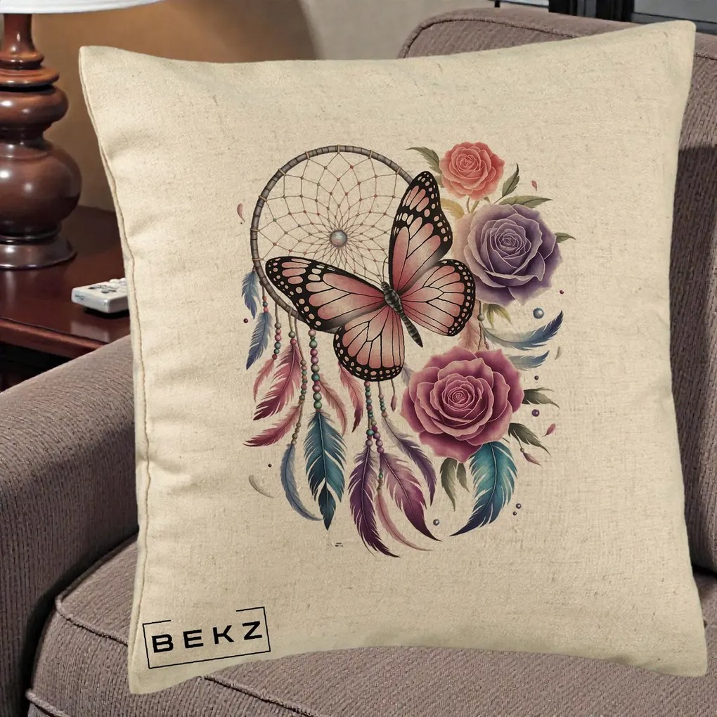 Perna Personalizata Prinzator de Vise cu Fluture si Trandafiri, 40x40 cm, Bej, Husa Detasabila, Perna Inclusa, BEKZ®