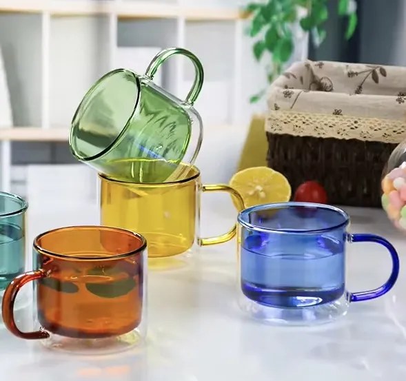 Set 4 cani ,RAINBOW   250 ml din sticla borosilicata, cu perete dublu, multicolor