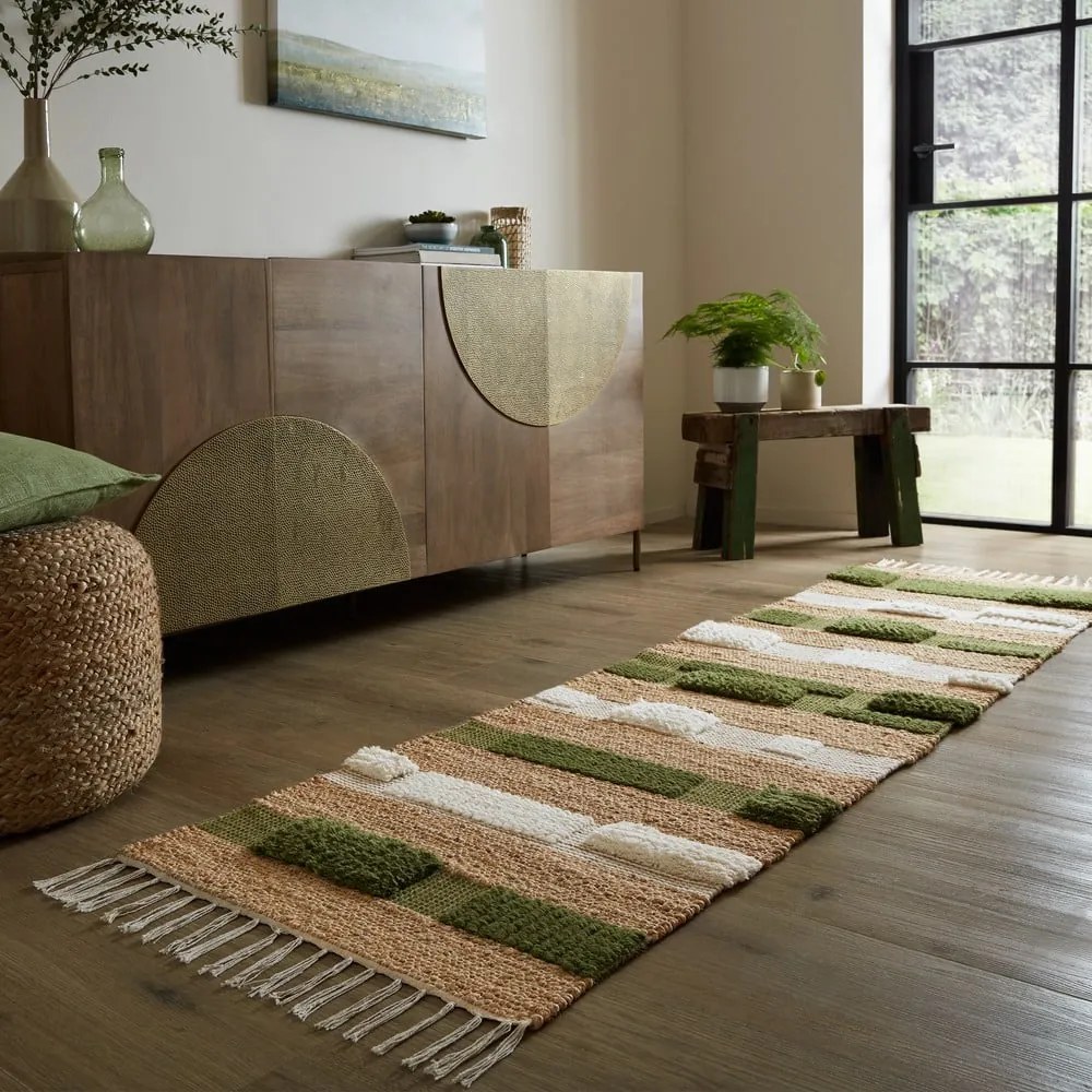 Covor tip traversă verde/în culoare naturală țesut manual din amestec de iută 60x230 cm Medina Blocks – Flair Rugs